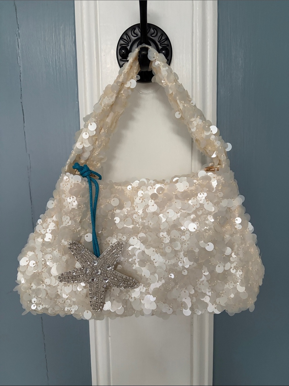 Sequin Evening Bag Purse Crossbody With Beaded Embellished Starfish Bag Charm - Picture 2 of 8